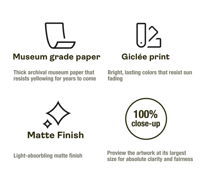 May include: Image with text detailing art print qualities. Text includes "Museum grade paper", "Gicl&eacute;e print", "Matte Finish", and "100% close-up". Descriptions highlight archival paper, fade-resistant colours, and a light-absorbing matte finish.