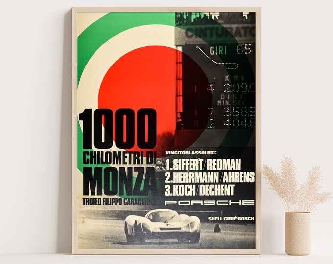 Porsche Poster | Vintage Porsche Poster Monza 1969 | 1000Km Race Car Poster | Mid Century Wall Art Print | Vintage Poster Car Ad Prints