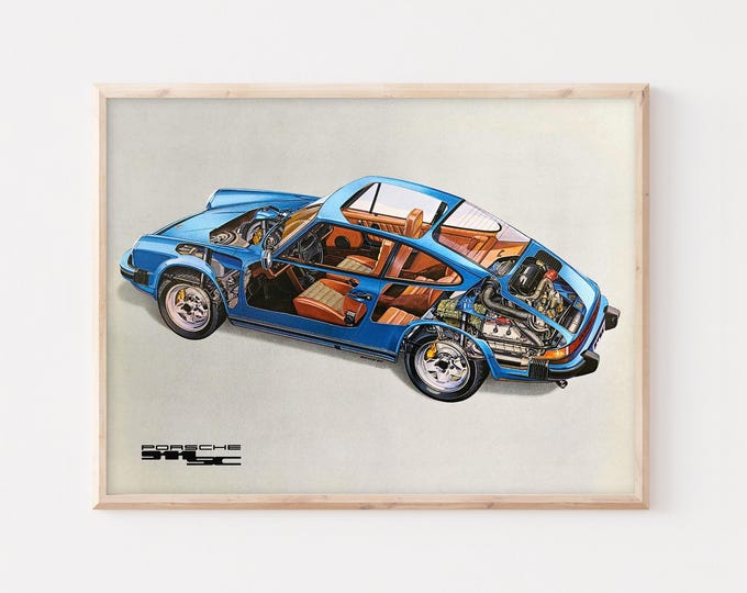 Porsche Poster | Vintage Porsche Painting | Technical Art Porsche 911 SC Carrera Car Poster | Mid Century Vintage Porsche | Free Shipping