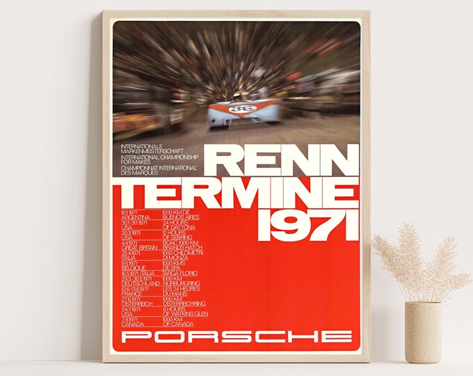 Porsche Poster | Vintage Porsche Poster 1971 | Renn Termine Race Car Poster | Mid Century Wall Art Print | Living Room Decor | Office Decor