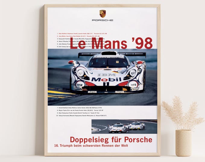 Porsche Poster | Vintage Porsche Print | Porsche Wall Art | Le Mans Poster | 1998 Car Poster | Car Wall Art Print | Free Shipping