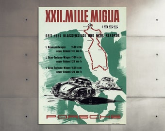 Op de afbeelding: Een vintage poster die reclame maakt voor de Mille Miglia-race van 1955. De poster toont een kaart van het raceparcours, een rode Porsche 356 en de tekst "XXII. Mille Miglia 1955 Seit 1952 Klassensige und Neue Rekorde".