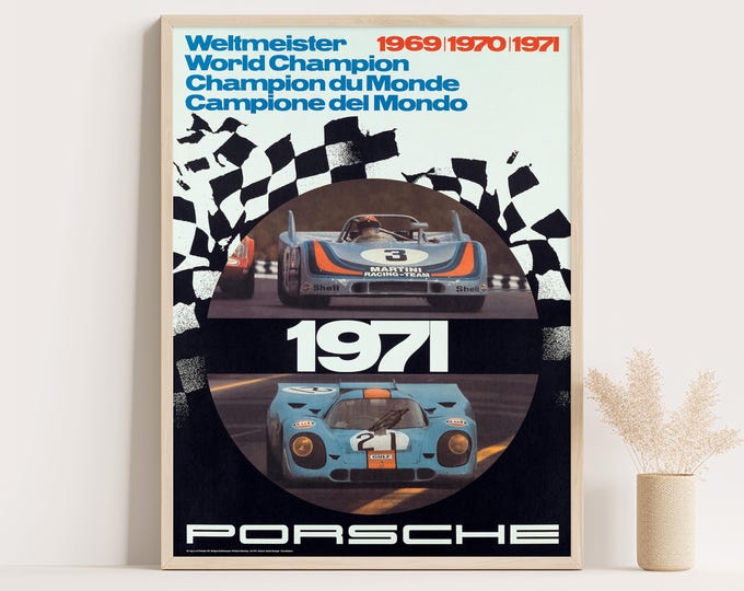 Porsche Poster | Vintage Porsche Poster 1971 World Champion | Car Poster | Mid Century Wall Art Print | Room Decor | Office Decor