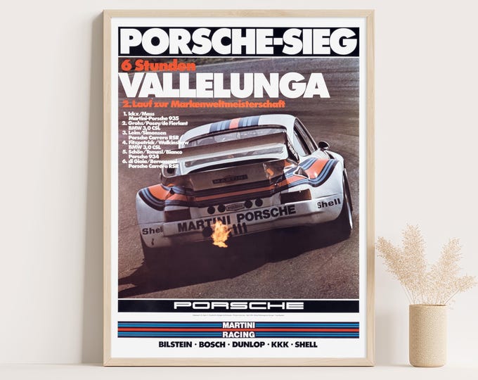 Porsche Poster | Vintage Porsche Martini Poster | Porsche Wins 6 Hours Vallelunga | Porsche 911 Car Poster | Wall Art Print |  Room Decor