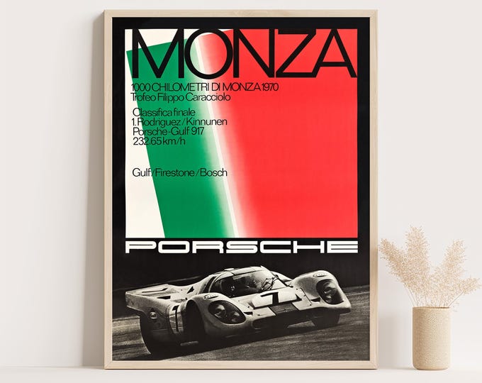 Monza 1970 Vintage Porsche Poster  | Race Car Poster | Mid Century Wall Art Print | Vintage Poster Car Ad Prints