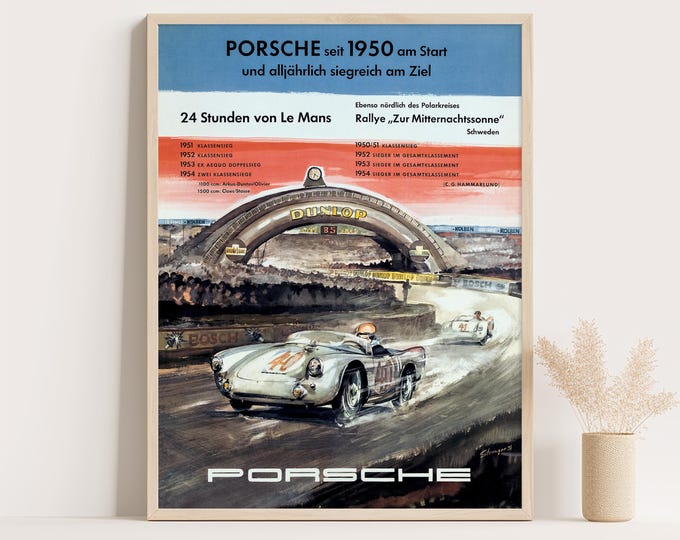 Porsche Poster | Vintage Porsche Le Mans 24h 1950 Poster | Race Car Poster | Mid Century Wall Art Print | Living Room Decor | Office Decor