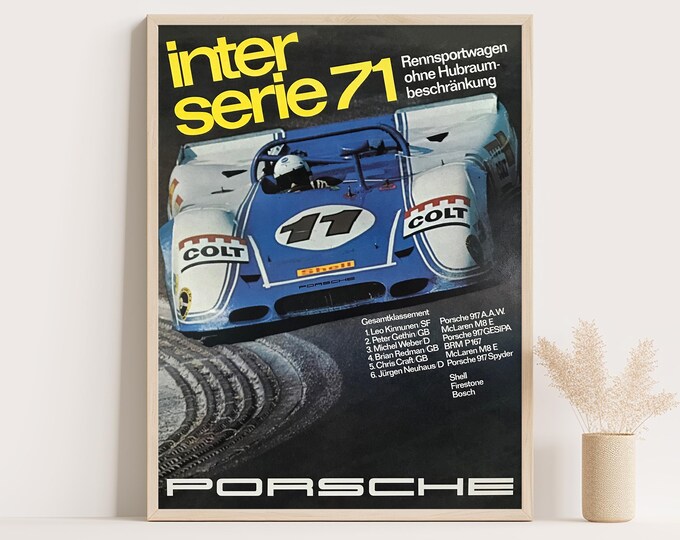 Porsche Poster | Vintage Porsche Poster 1971 | Interserie Race Car Poster | Mid Century Wall Art Print | Living Room Decor | Office Decor