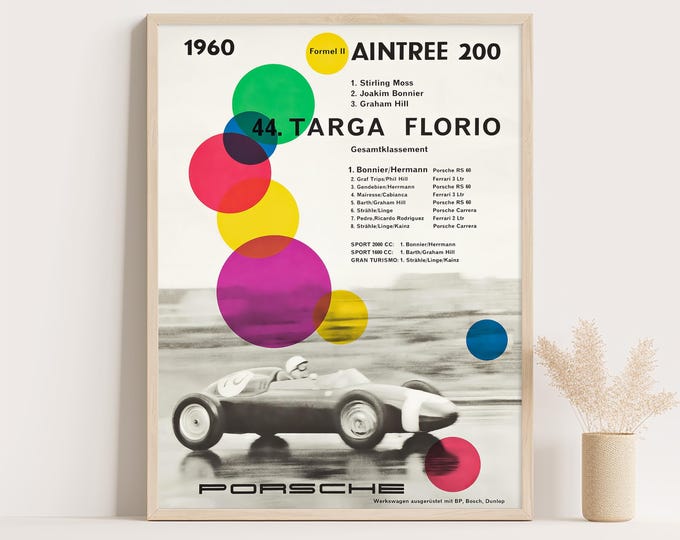 Porsche Poster | Vintage Porsche Targa Florio 1960 Poster | Race Car Poster | Mid Century Wall Art Print | Living Room Decor | Office Decor