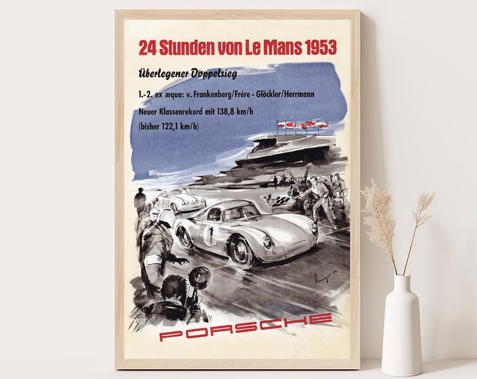 Porsche Poster | Vintage Porsche Painting 1953 Le Mans 24h Poster | Race Car Poster | Mid Century Wall Art Print | 50s Living Room Decor