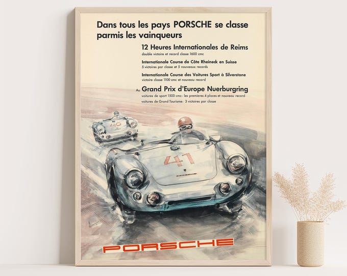 Porsche Poster | Vintage Porsche Poster 1954 | Grand Prix Europa Nurburgring Car Poster | Mid Century Wall Art Print | Living Room Decor