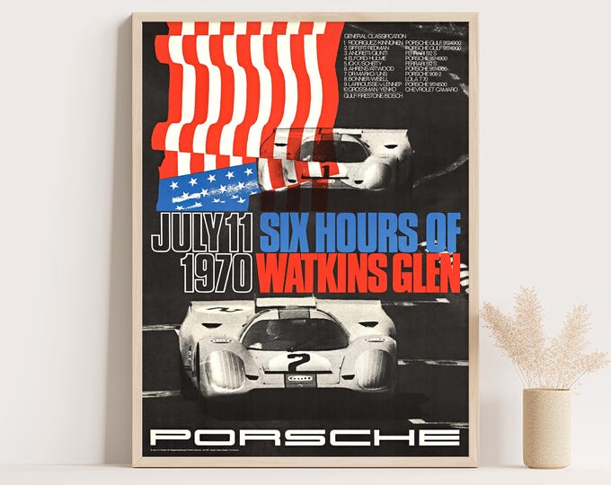 Porsche Poster | Vintage Porsche Watkins Glen 1970 Poster | Race Car Poster | Mid Century Wall Art Print | Living Room Decor | Office Decor