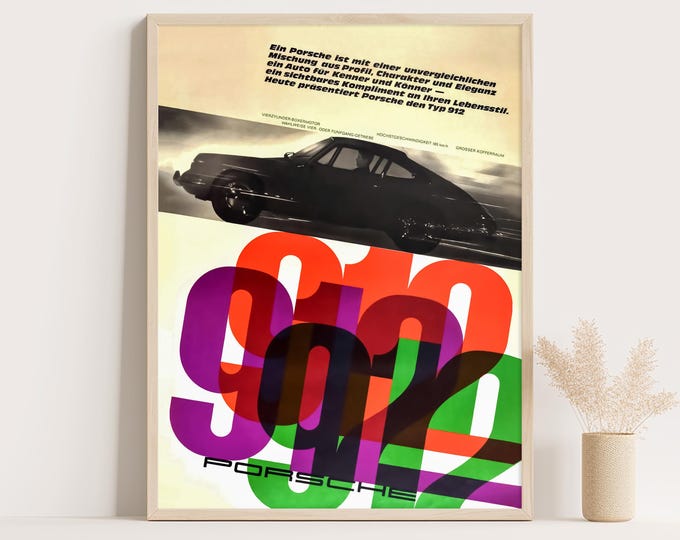 Porsche Poster | Vintage Porsche 912 Poster | 1965 Sports Car Poster | Mid Century Wall Art Print | 60s Living Room Decor | Office Decor