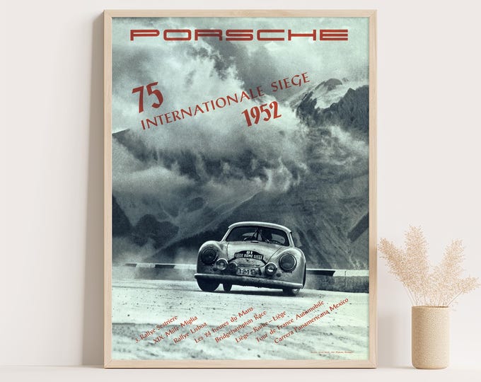Porsche Poster | Vintage Porsche 1952 Poster | 75 International Wins Race Car Poster | Mid Century Wall Art Print | 50s Living Room Decor