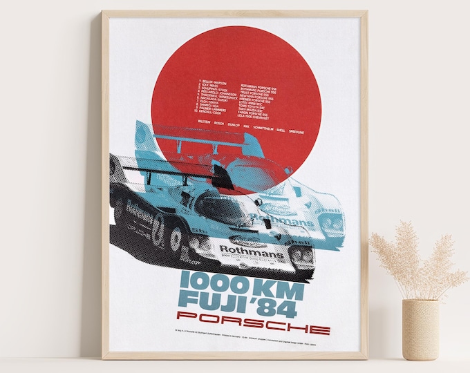 Porsche Poster | Vintage Porsche 1000Km Fuji Poster 1984 | Race Car Poster Wall Art Print | 80s Living Room Decor | Office Decor