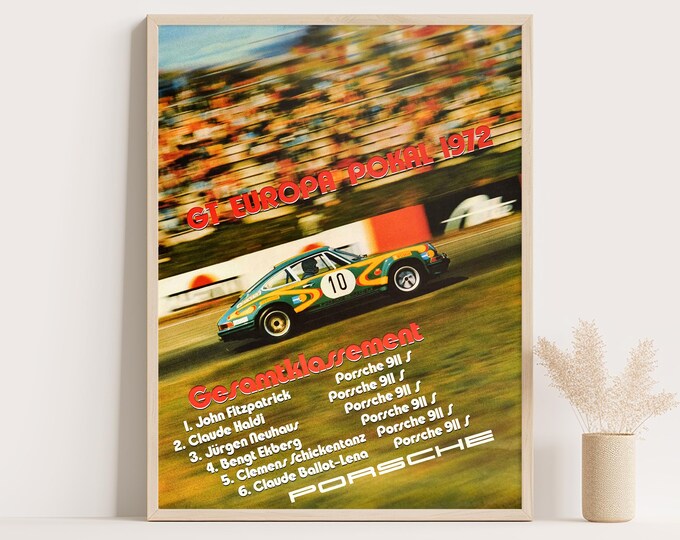 Porsche Poster | Vintage Porsche 911 Poster | 1972 European Cup Race Car Poster | Mid Century Wall Art Print | Classic 70s Living Room Decor
