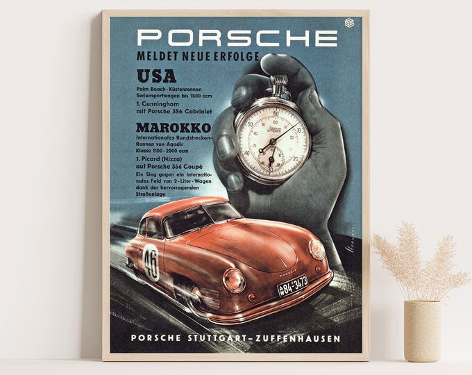 Porsche Poster | Vintage Poster 1950s USA and Morocco Winners | Race Car Poster | Mid Century Wall Art Print | Vintage Poster Car Ad Prints