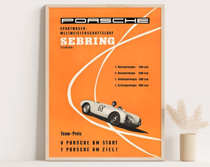 Porsche Poster | Vintage Porsche Sebring Poster | 50s Race Car Poster | Mid Century Wall Art Print | Living Room Decor | Office Decor