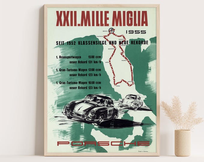 Porsche Poster | Vintage Porsche 1955 Mille Miglia Poster | Race Car Poster | Mid Century Wall Art Print | Living Room Decor | Office Decor