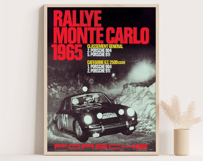 Porsche Poster | Vintage Porsche 911 Poster | Monte Carlo Rally 1965 Race Car Poster | Mid Century Wall Art Print | 60s Living Room Decor