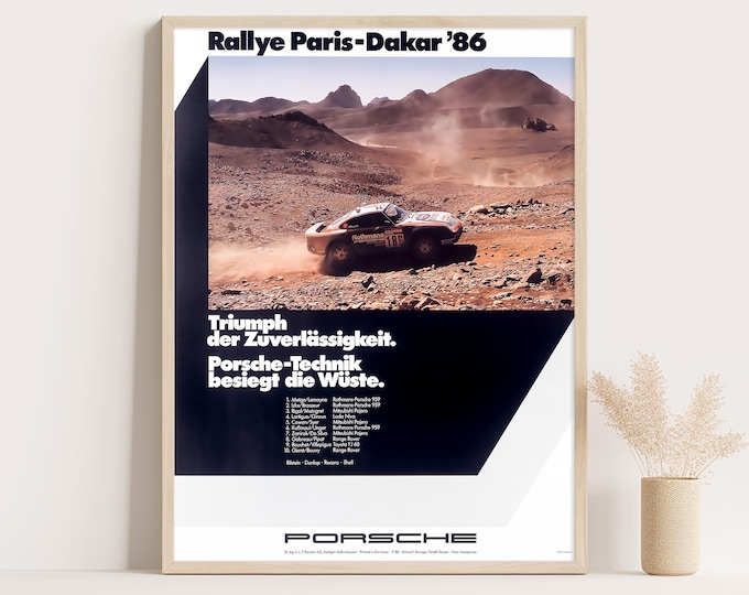 Porsche Poster | Vintage Porsche Poster Dakar Rally 1986 | Race Car Poster | 80s Wall Art Print | Vintage Poster Car Ad Prints