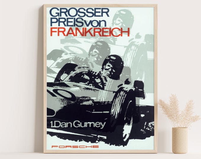 Porsche Poster | Vintage Poster Grand Prix France 1960s | Race Car Poster | Mid Century Wall Art Print | Vintage Poster Car Ad Prints
