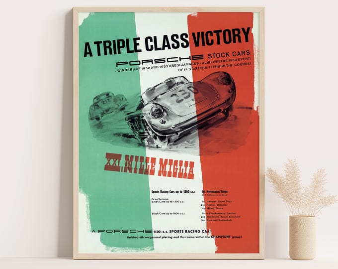 Porsche Poster | Vintage Porsche Painting Mille Miglia | 1950s Car Poster | Mid Century Wall Art Print | Vintage Poster Car Ad Prints