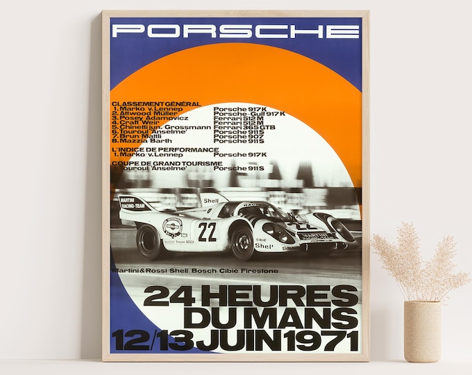 Porsche Poster | Vintage Le Mans 24h Poster | 1971 Race Car Poster | Mid Century Wall Art Print | 70s Living Room Decor | Office Decor