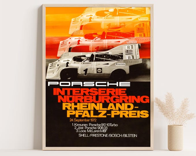 Porsche Poster | Vintage Porsche Poster 1972 | Nurburgring Interserie Race Car Poster | Mid Century Wall Art Print | Living Room Decor