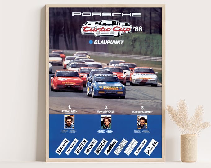 Porsche Poster | Vintage Porsche 944 Turbo Cup Poster | 1988 Car Poster | Car Wall Art Print | 80s Garage Decor | Room Decor | Office Decor