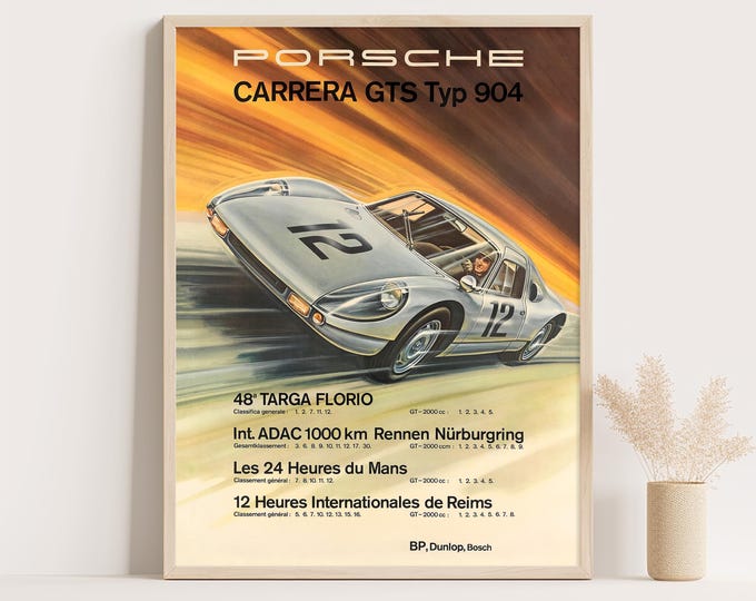 Porsche Poster | Vintage Porsche Painting Poster | 1963 Porsche Carrera GTS Le Mans Car poster | Mid Century Wall Art Print | Vintage Poster