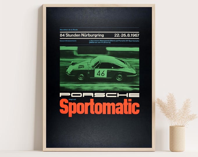Porsche Poster | Vintage Porsche 911 Poster |  1967 84h Nurburgring Race Car Poster | Mid Century Wall Art Print | Room Decor | Office Decor