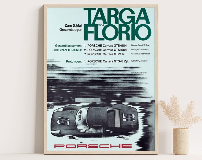 Porsche Poster | Vintage Porsche Poster Targa Florio 1964 | Race Car Poster | Mid Century Wall Art Print | Living Room Decor | Office Decor