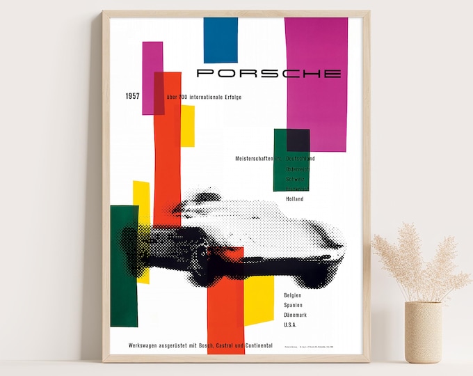 Porsche Poster | Vintage Porsche 1957 Poster | 700 International Successes Race Car Poster | Mid Century Wall Art Print | Living Room Decor