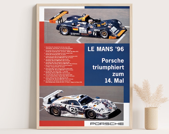 Porsche Poster | Vintage Porsche 1996 Le Mans 24h Poster | Porsche 911 Car Poster | Garage Wall Art Print | Living Room Decor | Office Decor