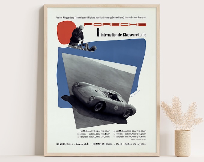 Porsche Poster | Vintage Poster 1950s | 6 Class Records Car Poster | Mid Century Wall Art Print | Vintage Poster Car Ad Prints