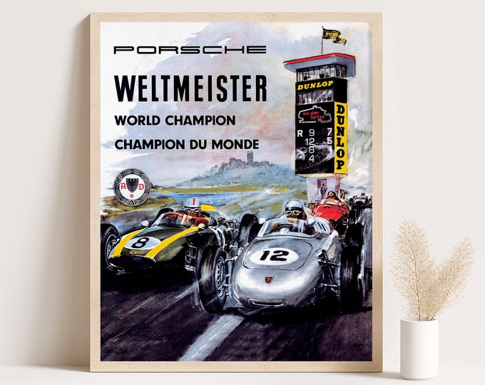 Porsche Poster | Vintage Porsche Painting Poster | World Champion 1960s Race Car Poster | Mid Century Wall Art Print | Office Room Decor