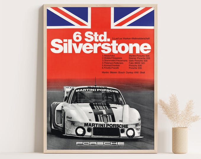 Porsche Poster | Vintage Porsche Martini Poster | Silverstone 6h 1977 Race Car Poster | Mid Century Wall Art Print | 70s Living Room Decor