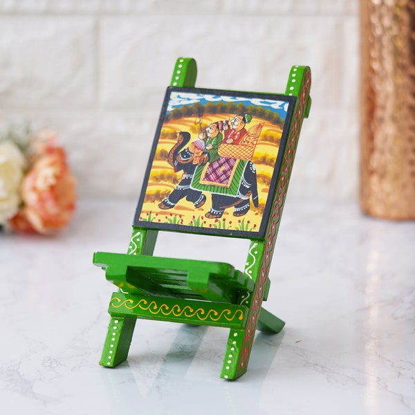 Indian Handmade Beautiful Wooden Hand Painted Elephant Chair, Indian Chair Small Decorative Mobile Stand, Spectacle Specs Eyeglass Holder