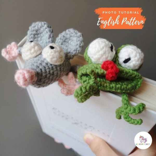 Marque-page souris grenouille motif au crochet, motif Amigurumi grenouille drôle, marque-page rat en téléchargement PDF instantané, motif marque-page facile pour débutant