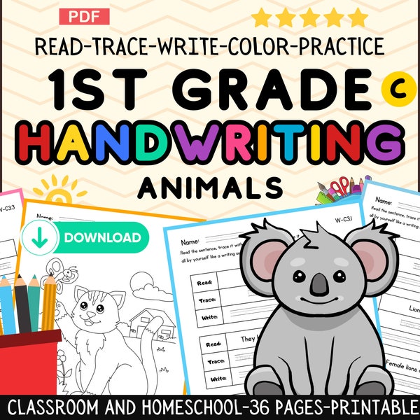 1st Grade Handwriting Exercises with Sentences and Coloring Pages, Learn to Write,Tracing Activities,Homeschool,Educational,Printable,PDF