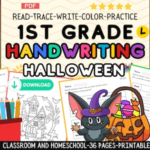 1st Grade Handwriting Exercises with Sentences and Coloring Pages, Halloween, Fall, Tracing Activities,Homeschool,Educational,Printable,PDF