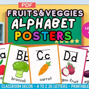 Alphabet Poster, Obst und Gemüse, Klassenzimmer Dekoration Ausdrucke, Bunte pädagogische Digitaldrucke, Spielzimmer, Materialien für Lehrer, PDF