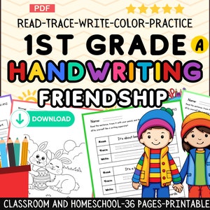 1st Grade Handwriting Exercises with Sentences and Coloring Pages, About Friendship,Tracing Activities,Homeschool,Educational,Printable,PDF