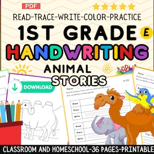 1st Grade Handwriting Exercises with Sentences and Coloring Pages, Learn to Write,Tracing Activities,Homeschool,Educational,Printable,PDF