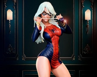 May include: A black and red figure of a superheroine with white hair, wearing a mask and a spiderweb patterned suit, kneeling on a base with gold coins and a pearl.