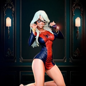 May include: A black and red figure of a superheroine with white hair, wearing a mask and a spiderweb patterned suit, kneeling on a base with gold coins and a pearl.