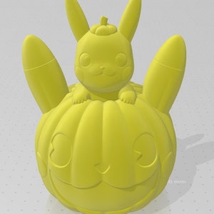 May include: A yellow pumpkin with a smiling face and a small yellow Pikachu figurine sitting on top. The pumpkin has a stem and two small heart-shaped cutouts on the sides.