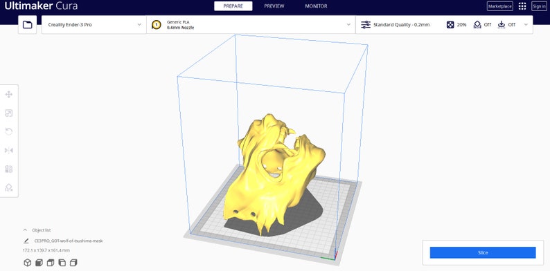 May include: A 3D model of a yellow skull-like object is shown in a 3D printing software program. The software is called Ultimaker Cura. The model is being prepared for printing. The software shows the model in a 3D space with a grid background.