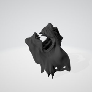 May include: A black 3D printed sculpture of a creature's head with an open mouth and sharp teeth. The sculpture is made of a smooth, matte material and has a detailed design.