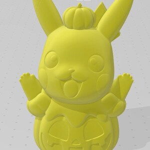 May include: A yellow Pikachu figurine shaped like a jack-o'-lantern with a pumpkin on its head.